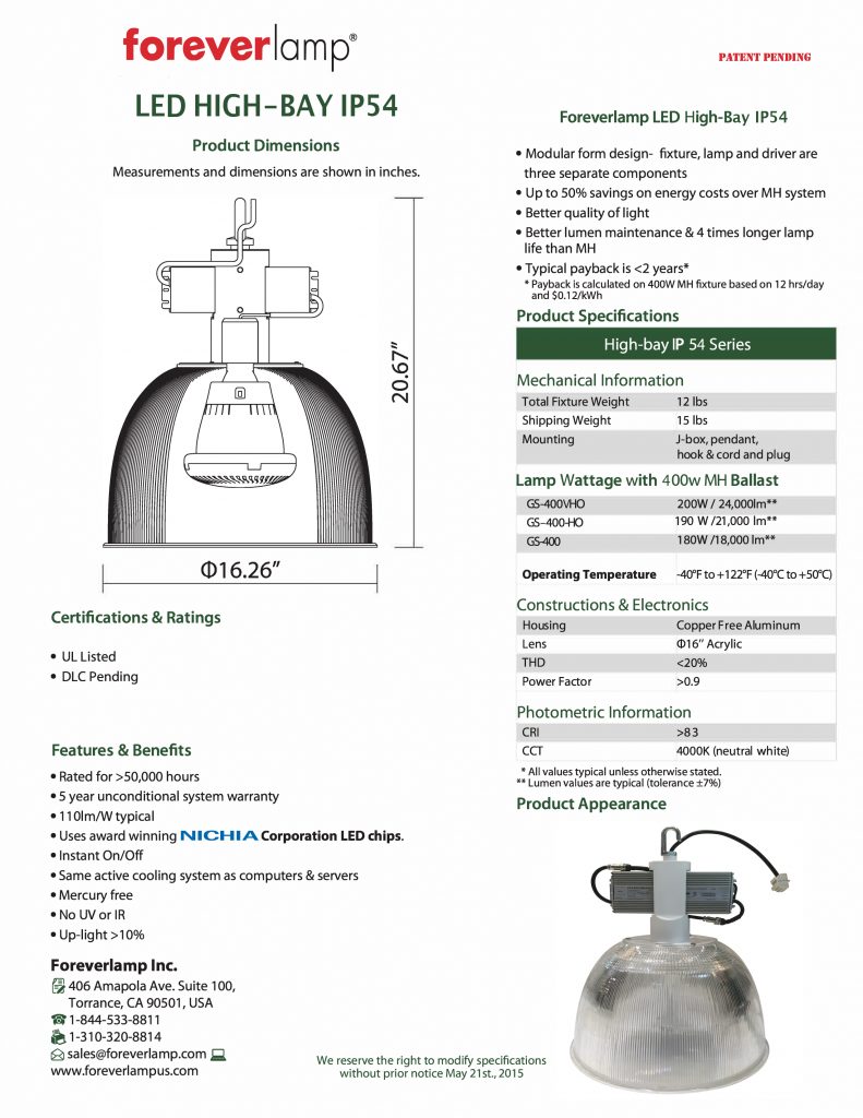 Foreverlamp OmegaLux Highbay Lamp (4000K) Spec. Sheet (201505